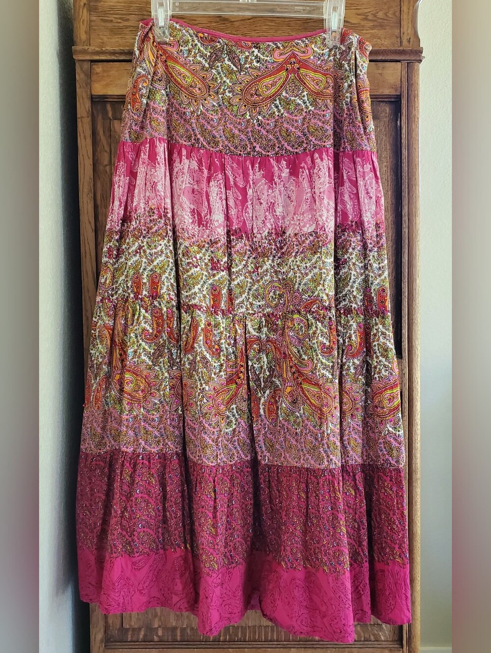 FEMME TIERED BOHO MIDI SWING SKIRT SIZE MEDIUM BEADED+SEQIINS EXCELLENT LIKE NEW